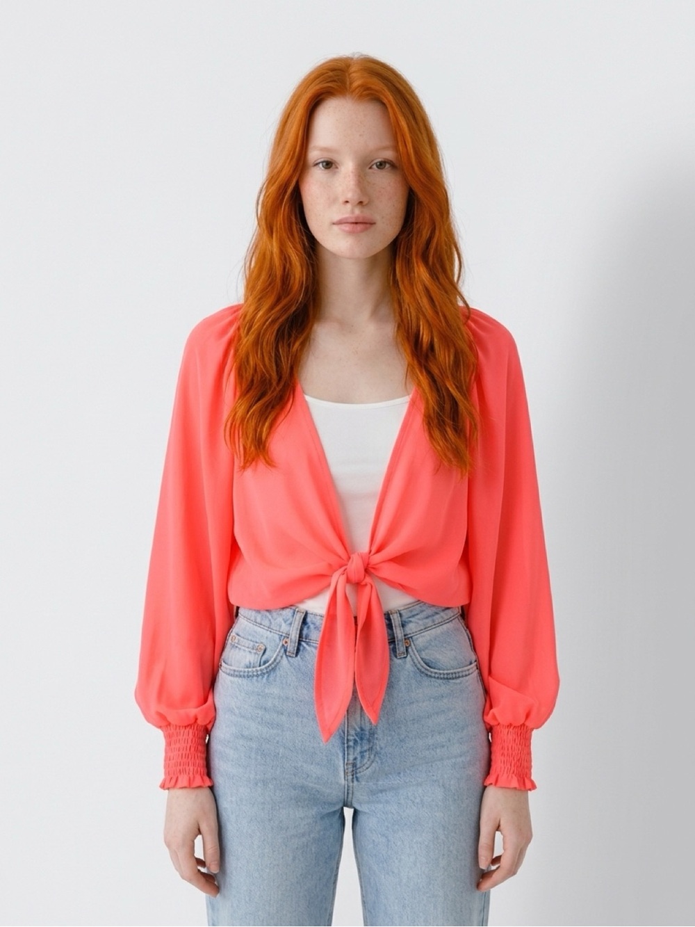 Tie-Front Blouse in Coral